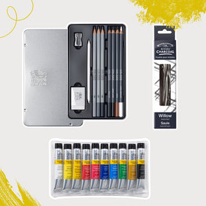 Sketching Set x10 & Galeria Acrylic Set x10 & Assorted Charcoal Bundle